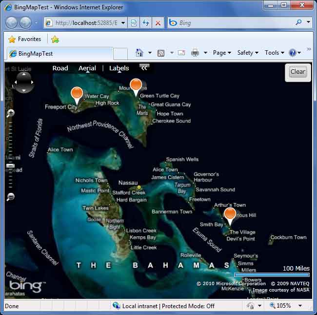 A Microsoft Silverlight Bing Map with 3 pushpins created.