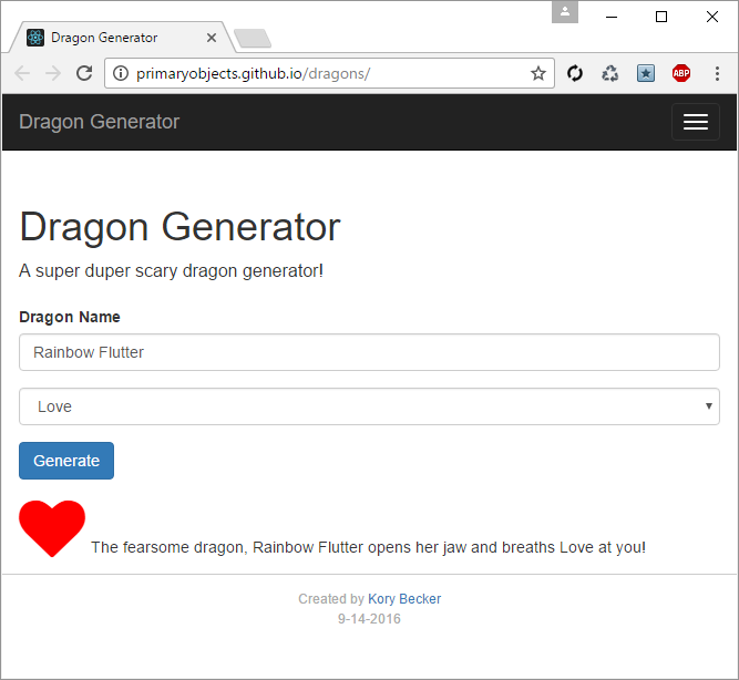 Dragon Generator, built with React, JavaScript, and Twitter Bootstrap