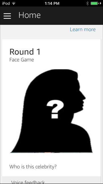 The Face Game Alexa skill. Guess the celebrity picture to score. Combining voice UI with an Amazion Alexa home card.