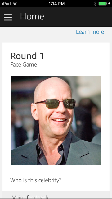 The Face Game skill, showing a nice smile! Displaying an Alexa home card, containing text and an image on a mobile device with the Alexa app.
