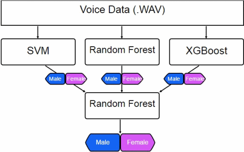 Diagram of the stacked ensemble, using an SVM, Random Forest, and XGBoost model to combine predictions into a single output