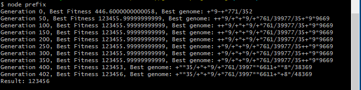 A genetic algorithm to write a program using a prefix expression tree for the value 123456