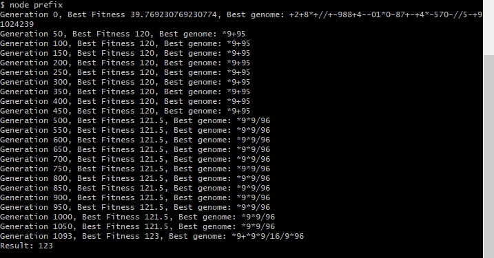 A genetic algorithm to write a program that evaluates to the value 123