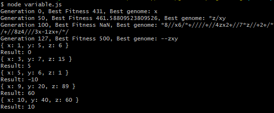A genetic algorithm to write a program that evaluates Z - (X + Y)