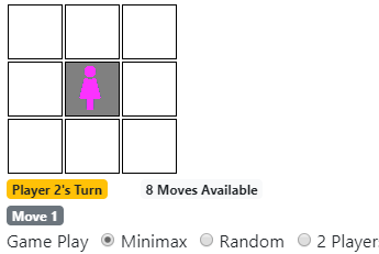 An initial game state for Isolation. It is now Player 2's turn to move.