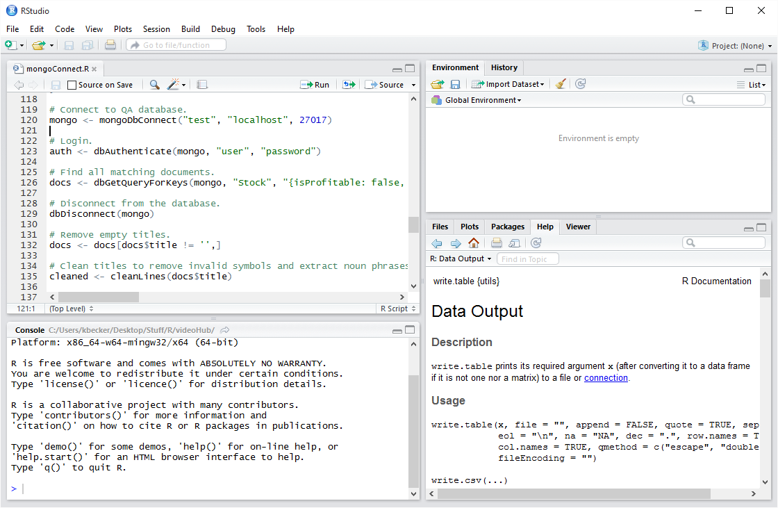 RStudio showing a connection to MongoDB, querying the database, and cleaning the results.