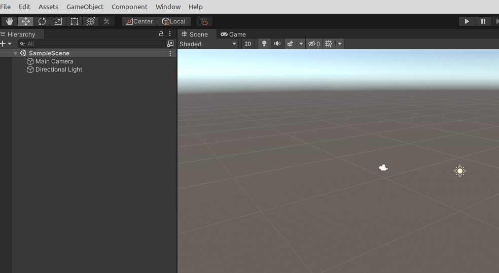An empty scene in Unity for our initial project.