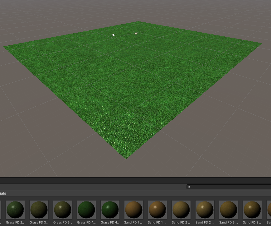 Adding grass to our scene by setting a texture material on the ground plane in Unity.